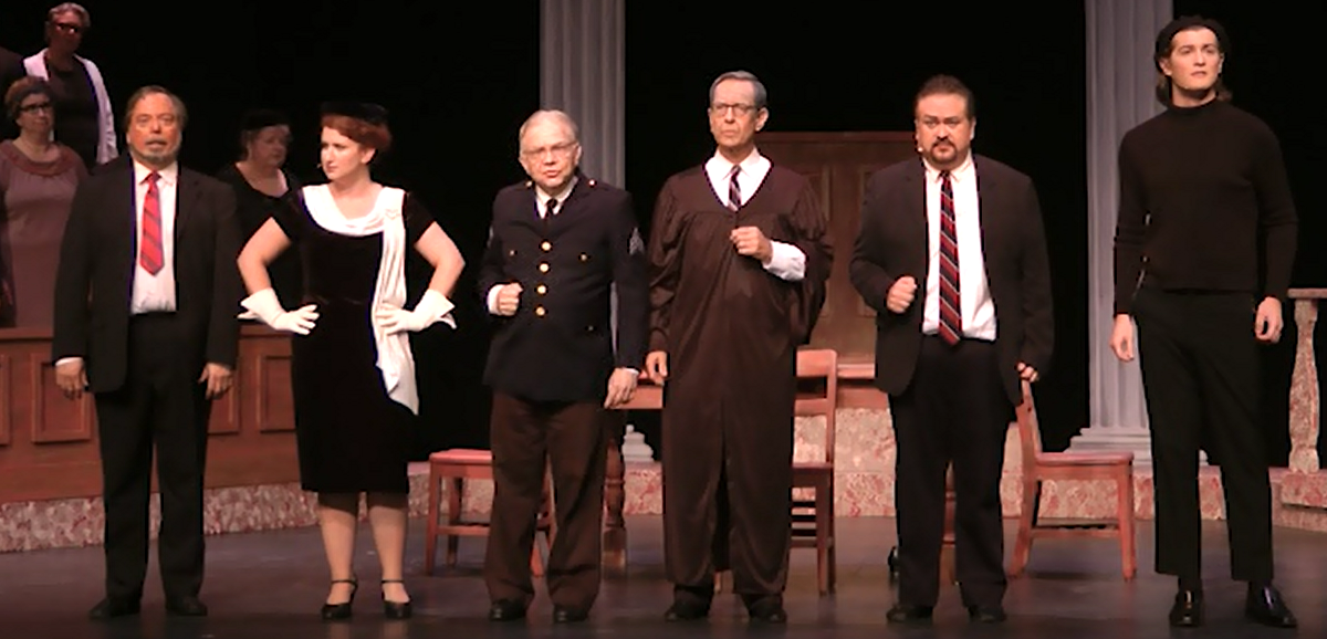 Trial by Jury, 2017, Durham Savoyards, Ltd.
Foreman (Houston Horn), Plaintiff (Elizabeth Hankla),
Usher (Bruce Conner), Learned Judge (Jim Burnette),
Counsel (Michael Rowe), Defendant (Tyler Graeper) Trial by Jury